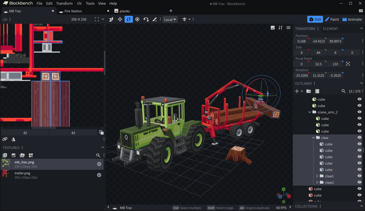 Blockbench 软件界面截图：正在编辑低多边形模型与像素纹理的 3D 视口